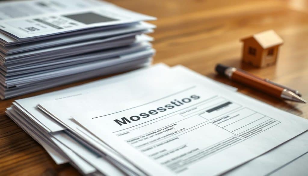 A closeup view of a stack of official-looking documents, including application forms, identification cards, and bank statements, arranged neatly on a wooden table. The lighting is soft and warm, creating a sense of professionalism and attention to detail. The documents are slightly angled, giving the composition a dynamic and organized feel. The background is blurred, placing the focus squarely on the paperwork, which represents the necessary documents required for the "신생아 특례대출" mortgage application process.