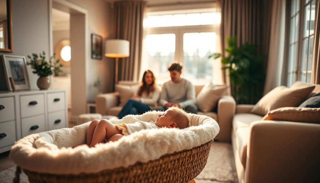 A cozy home interior, bathed in warm, soft lighting. In the foreground, a newborn baby nestled in a plush bassinet, surrounded by plush blankets and delicate floral accents. In the middle ground, a young couple seated on a comfortable sofa, gazing adoringly at the child. The background features a tastefully decorated living room, with neutral tones, minimal yet elegant furnishings, and large windows allowing natural light to filter in. The overall atmosphere is one of tranquility, intimacy, and the joyful celebration of a new life.